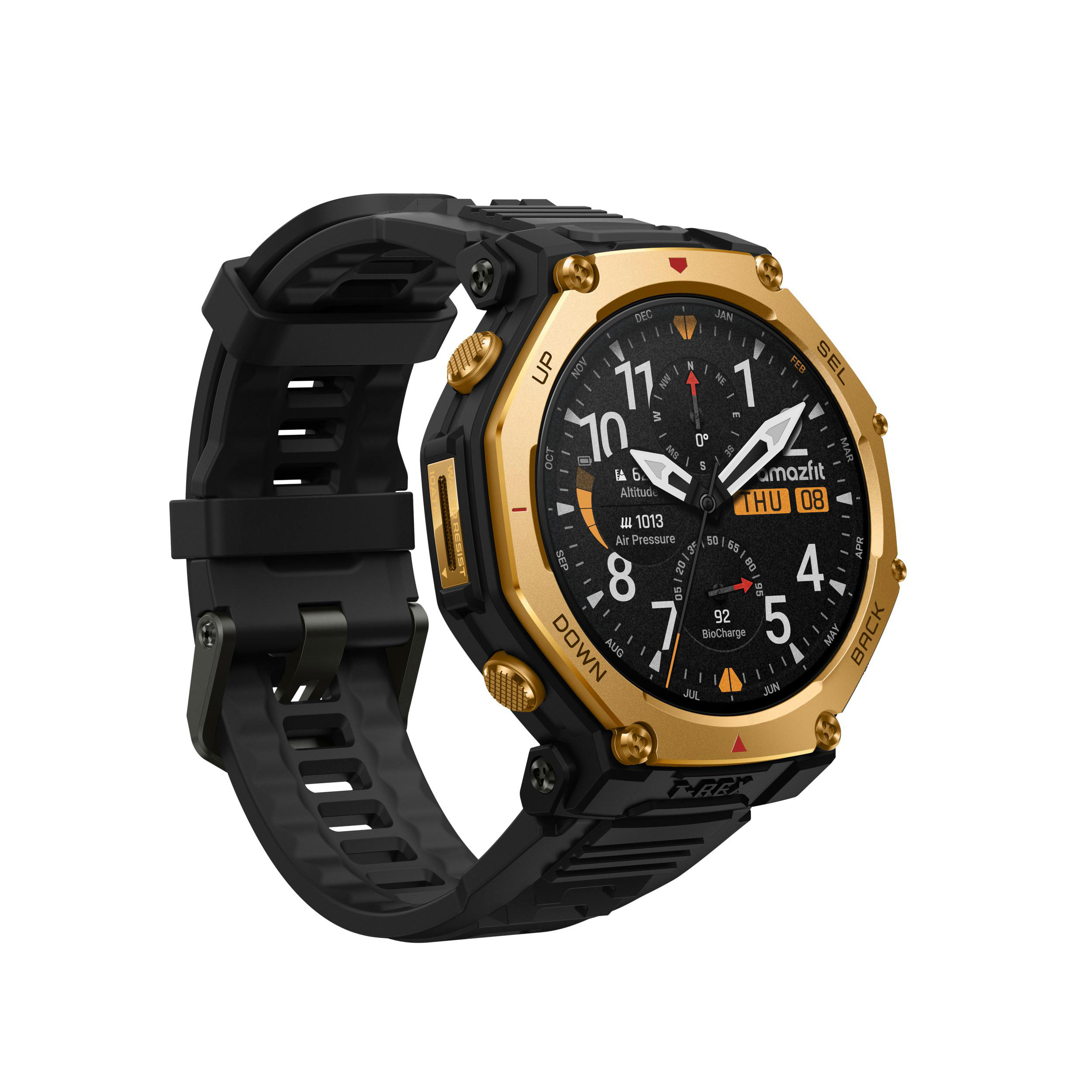 Eine schwarz-goldene Smartwatch mit schwarzem Armband, die Zeit und Datum anzeigt. Das Zifferblatt zeigt verschiedene Metriken.