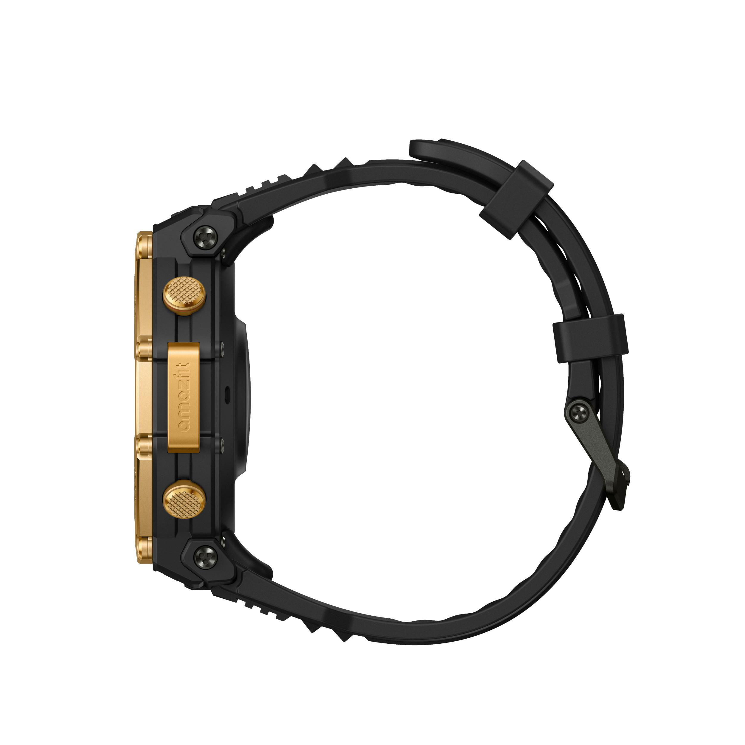 Seitenansicht einer schwarz-goldenen Smartwatch. Sie hat ein schwarzes Armband und goldene Knöpfe und Akzente.