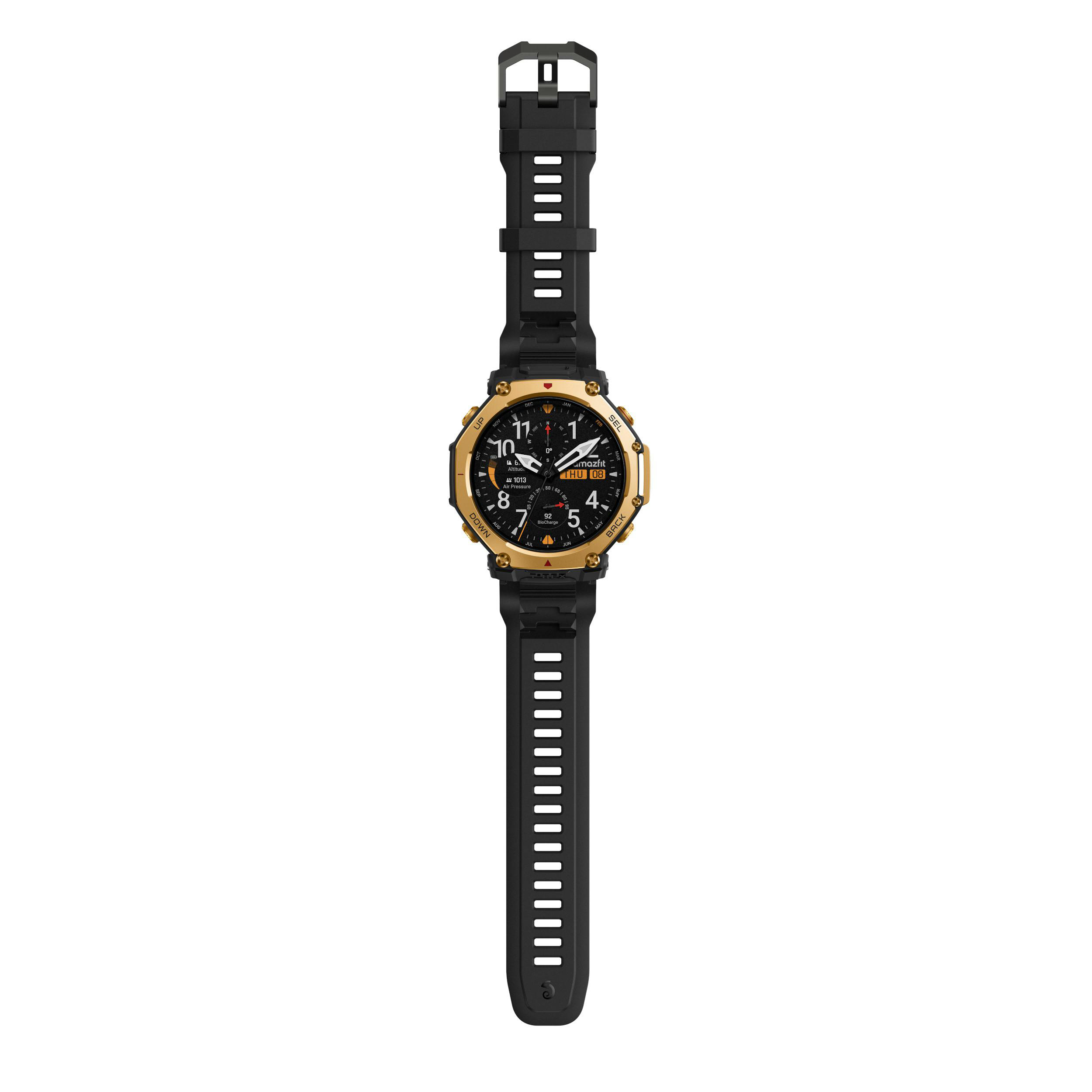 Eine schwarze und goldene Smartwatch mit digitalem Display und schwarzen Armbändern auf weißem Hintergrund.