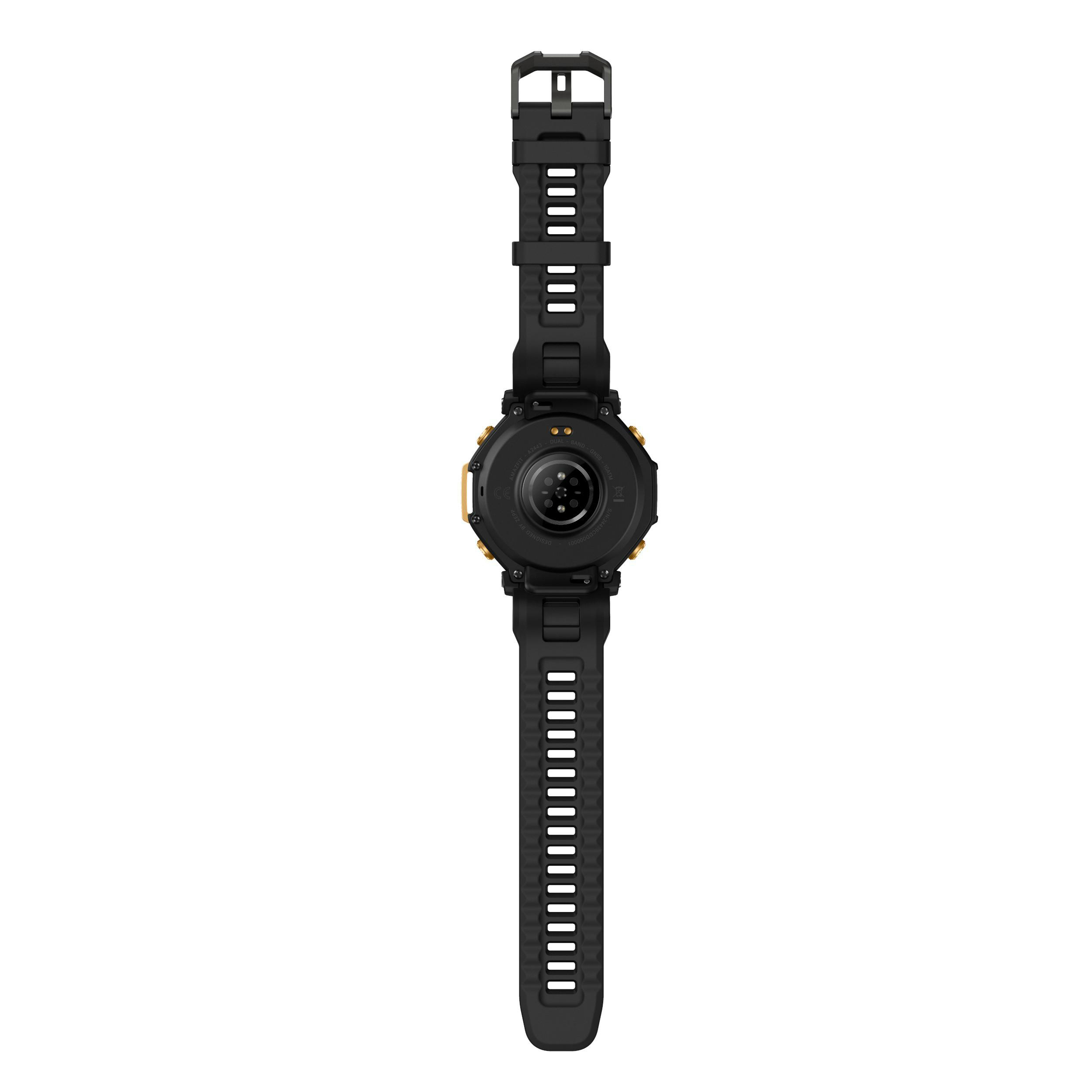 Schwarze Smartwatch vor weißem Hintergrund. Die Rückseite zeigt Sensoren und Branding. Das Armband ist schwarz.