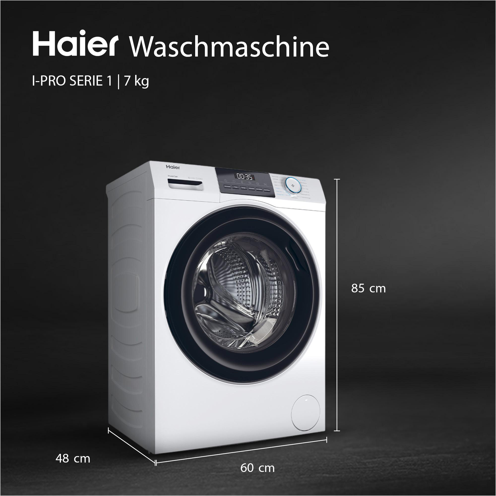Eine weiße Haier-Waschmaschine mit schwarzer Tür. Abmessungen werden angezeigt. Text lautet 'Waschmaschine'.