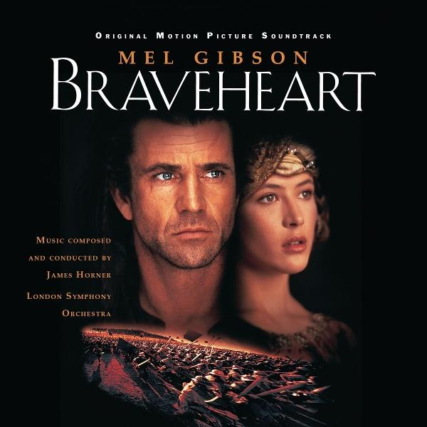 Das Cover des Braveheart-Soundtracks zeigt Mel Gibson und eine Frau. Der Text umfasst Filmtitel und Credits auf dunklem Hintergrund.