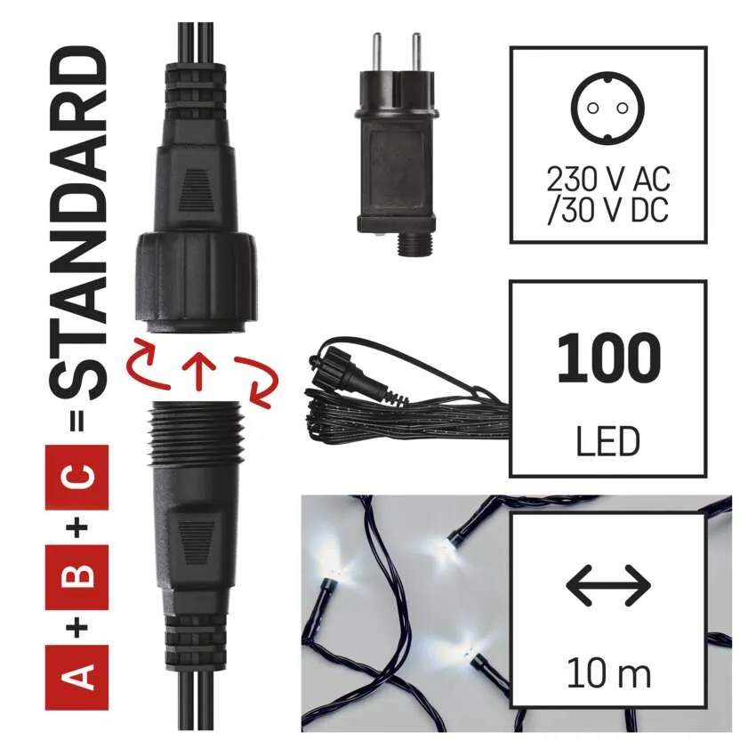 A képen egy fekete tápkábel, dugó és 100 fehér LED-es lámpa látható. A szöveg 10 métert jelez.