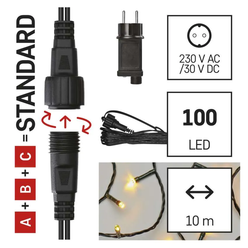 A kép egy csatlakozót, egy dugót és egy fénysort mutat. A szöveg 100 LED-et, 10 m hosszúságot és 230 V AC/30 V DC-t jelez.