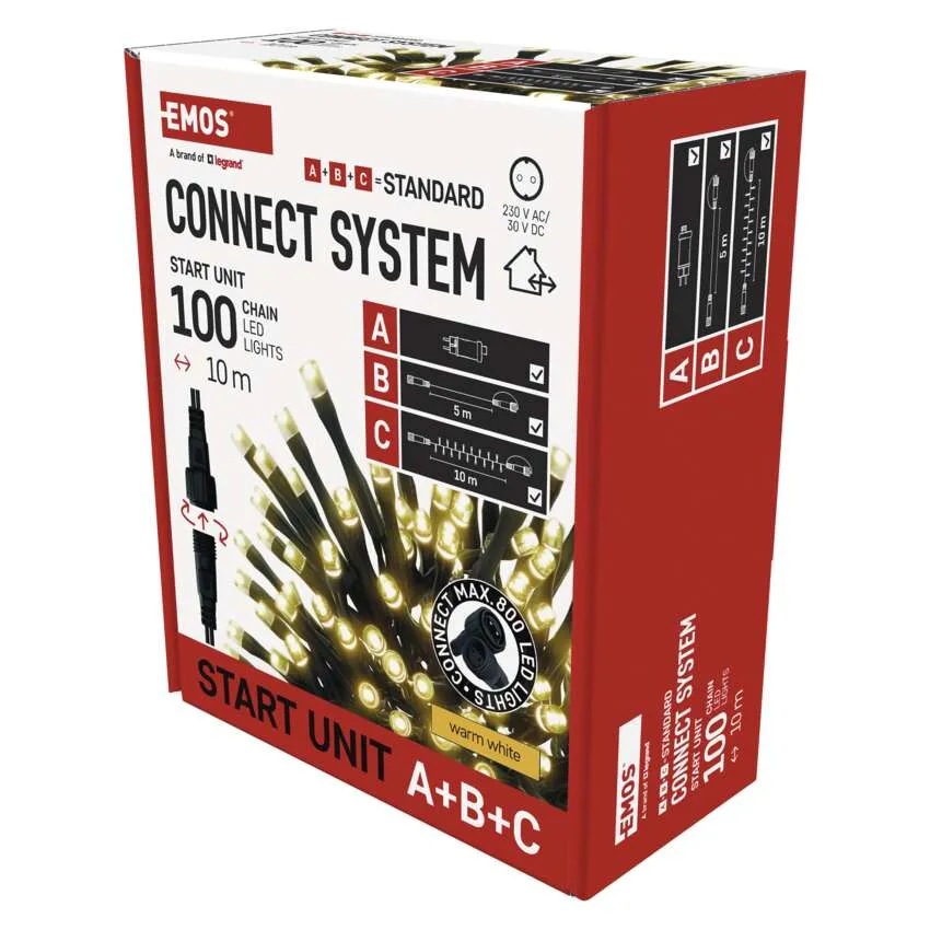 Egy EMOS Connect System LED-es lámpák doboza. 100 lámpája van, 10 m hosszú és meleg fehér. A doboz piros és fehér.