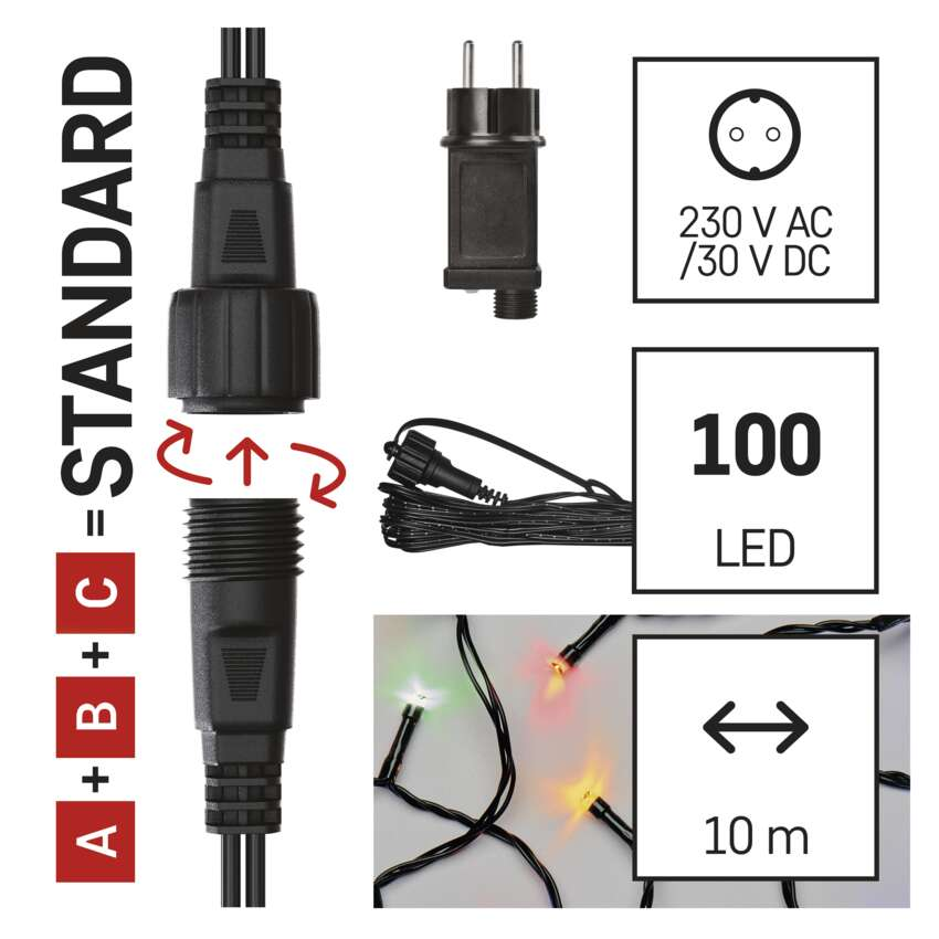 A képen elektromos alkatrészek láthatók: dugók, csatlakozók és LED-lámpák. Részletek: feszültség, LED-ek száma és 10 méteres hossz.