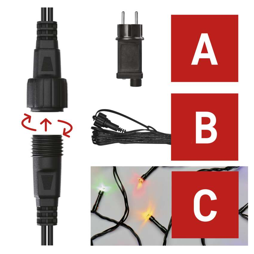A képen elektromos alkatrészek láthatók: dugó, kábel lámpákkal és csatlakozó. Piros négyzetek A, B és C betűkkel.