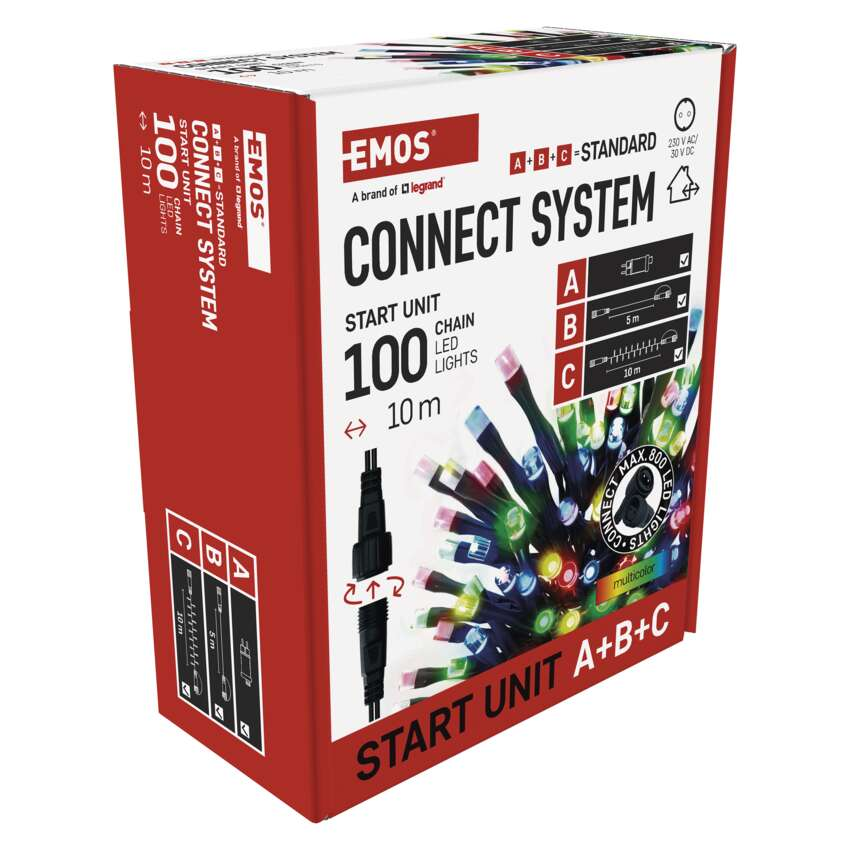 Egy piros doboz szöveggel és LED-es lámpák képeivel. A dobozon a 'CONNECT SYSTEM' és a '100 LED lámpa' felirat olvasható.