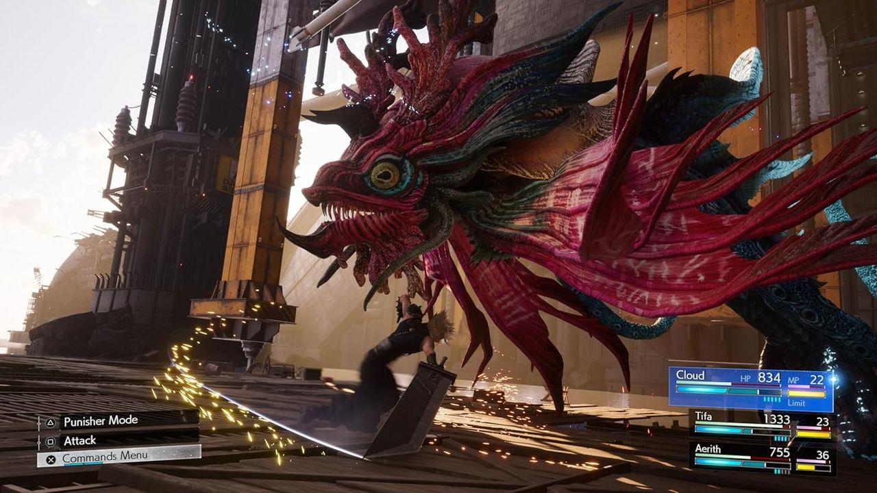 Eine Figur kämpft mit einem Schwert gegen ein großes, rot-blaues Monster. Die Szene spielt in einer Industrieumgebung mit Spieloberfläche.