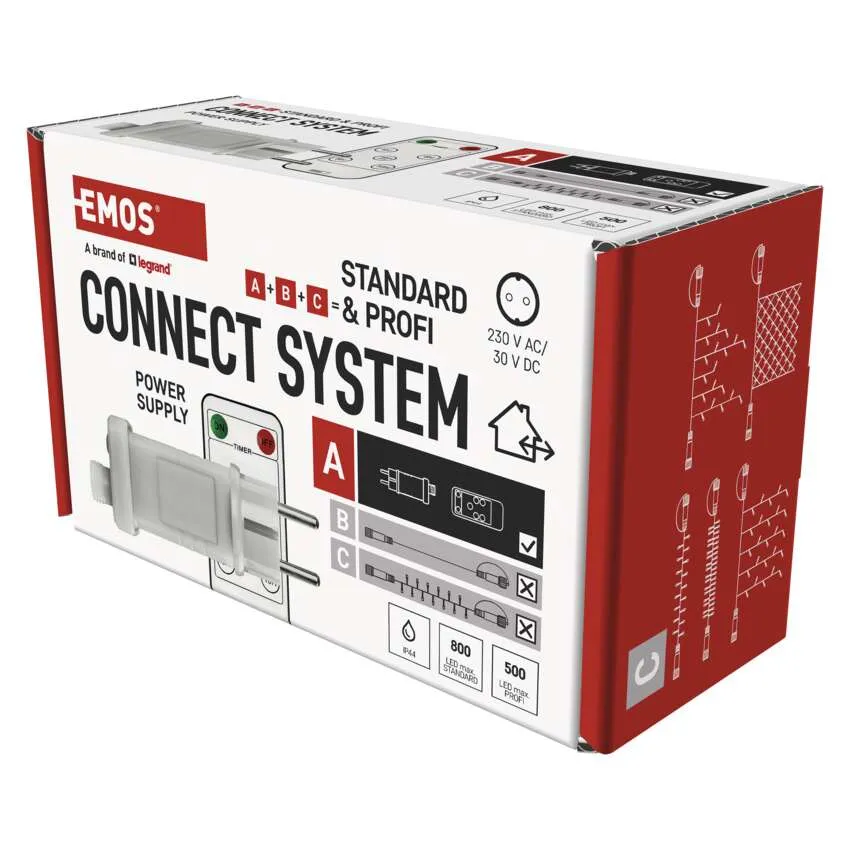 Egy fehér és piros EMOS Connect System doboz. Termékadatokat, diagramokat és tápegység információkat tartalmaz.