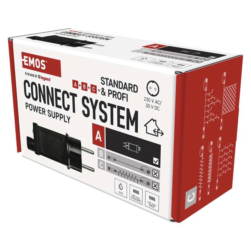 Egy fehér és piros EMOS Connect System tápegység doboz. A szöveg és a diagramok a terméket írják le, beleértve a feszültséget és a teljesítményt.