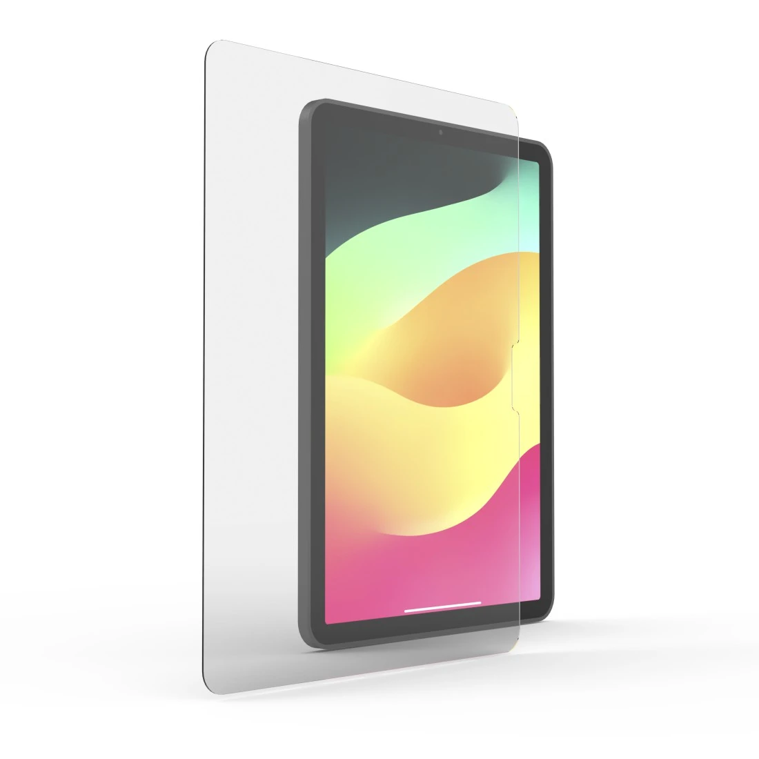 Ein iPad mit Displayschutzfolie. Der Bildschirm zeigt einen bunten Farbverlauf. Der Schutz ist klar und bedeckt die Vorderseite.