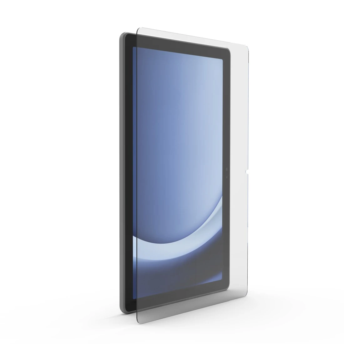 Ein Tablet mit Displayschutzfolie. Der Bildschirm zeigt einen blauen Farbverlauf. Der Schutz ist transparent, das Tablet hat einen schwarzen Rahmen.