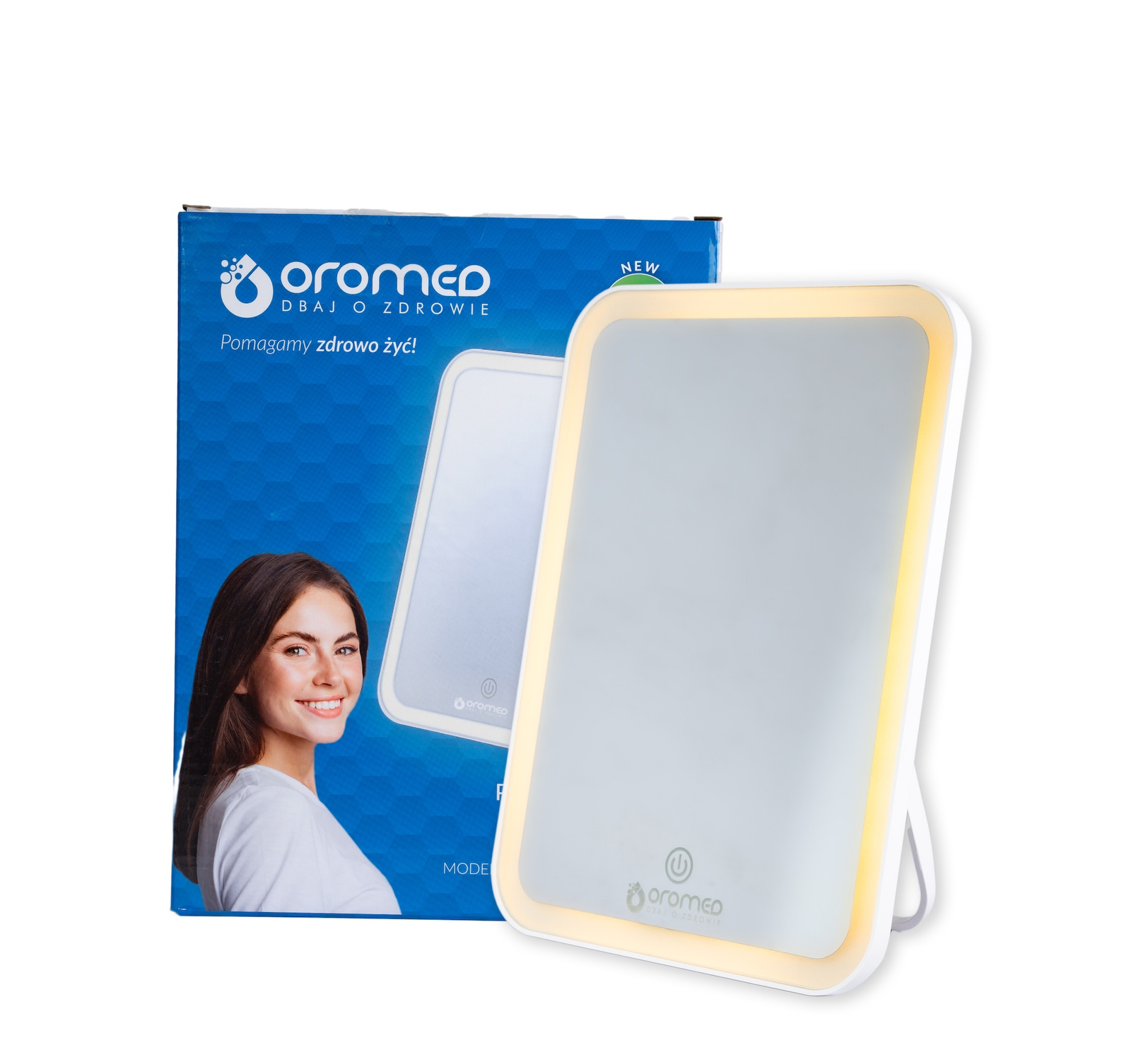 Lampa do fototerapii z białą ramą i świecącą krawędzią obok niebieskiego pudełka z kobietą i tekstem.