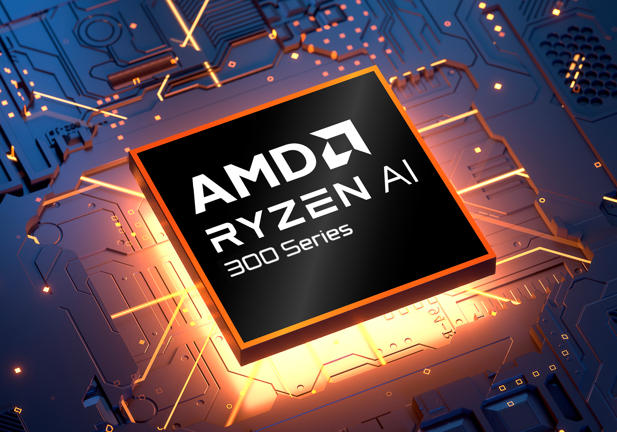 Nahaufnahme eines Computerprozessors. Der AMD Ryzen AI 300 Series Chip befindet sich auf einem Motherboard mit orangefarbenen Linien.