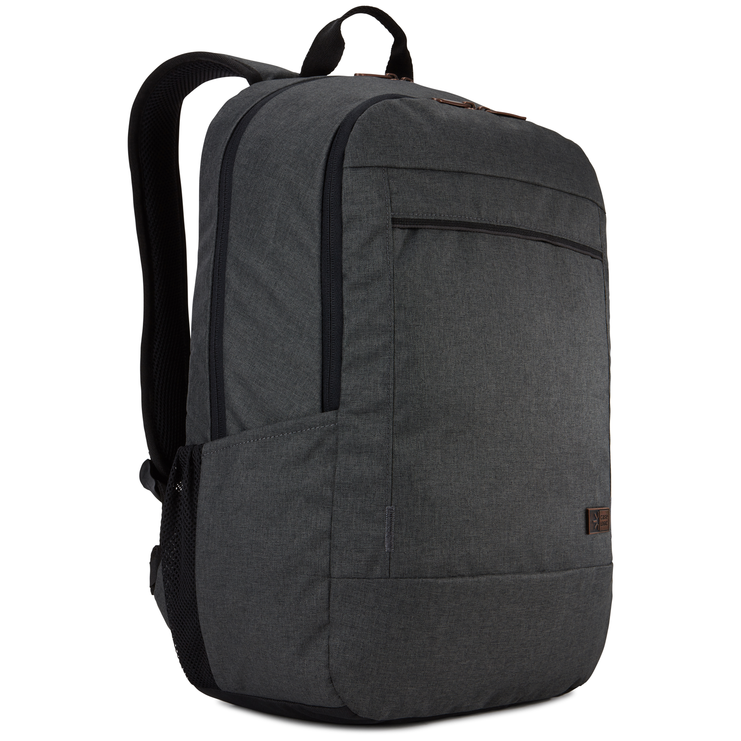 A gray backpack with black straps and zippers. It has a front pocket, a handle, and the Case Logic logo.