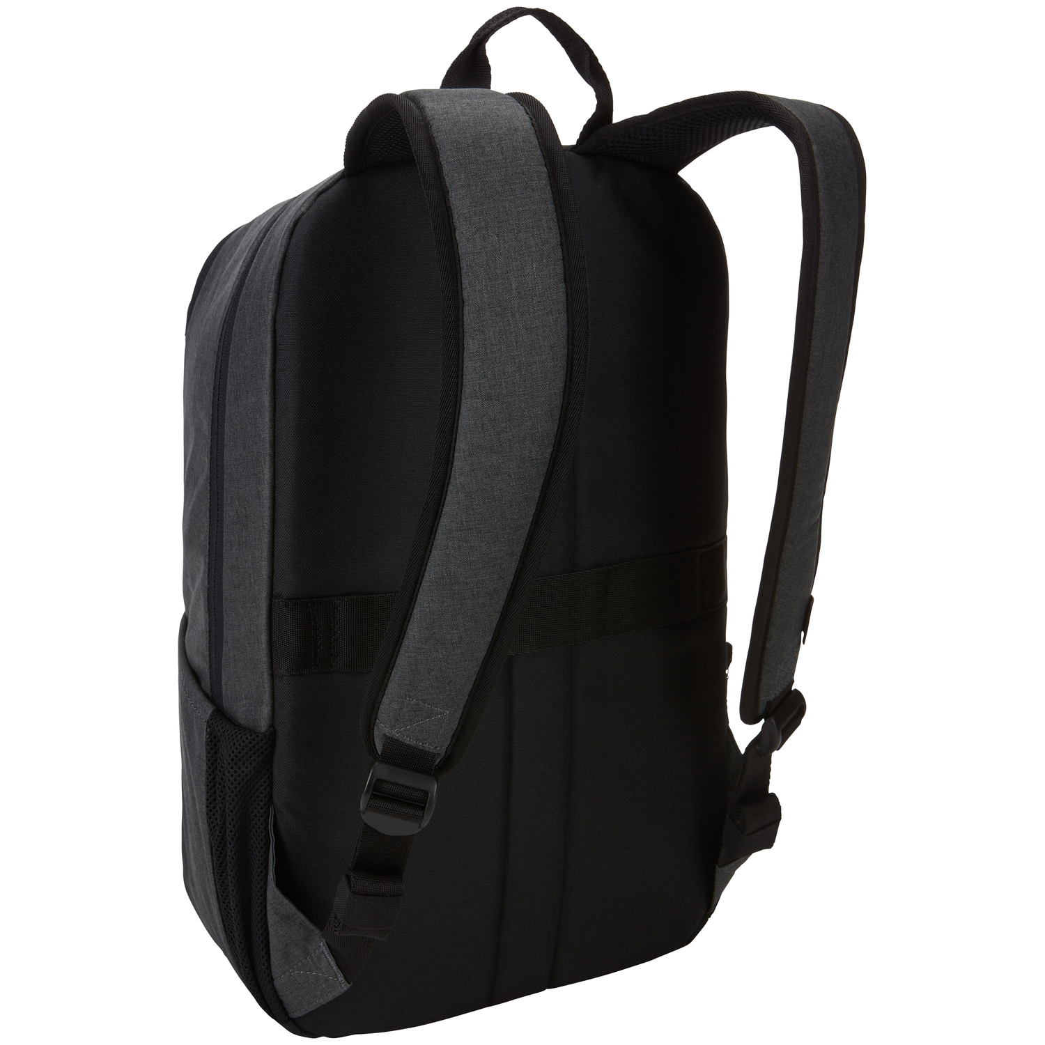 A black backpack with gray straps. The backpack has a handle, shoulder straps, and a side pocket. It is against a white background.
