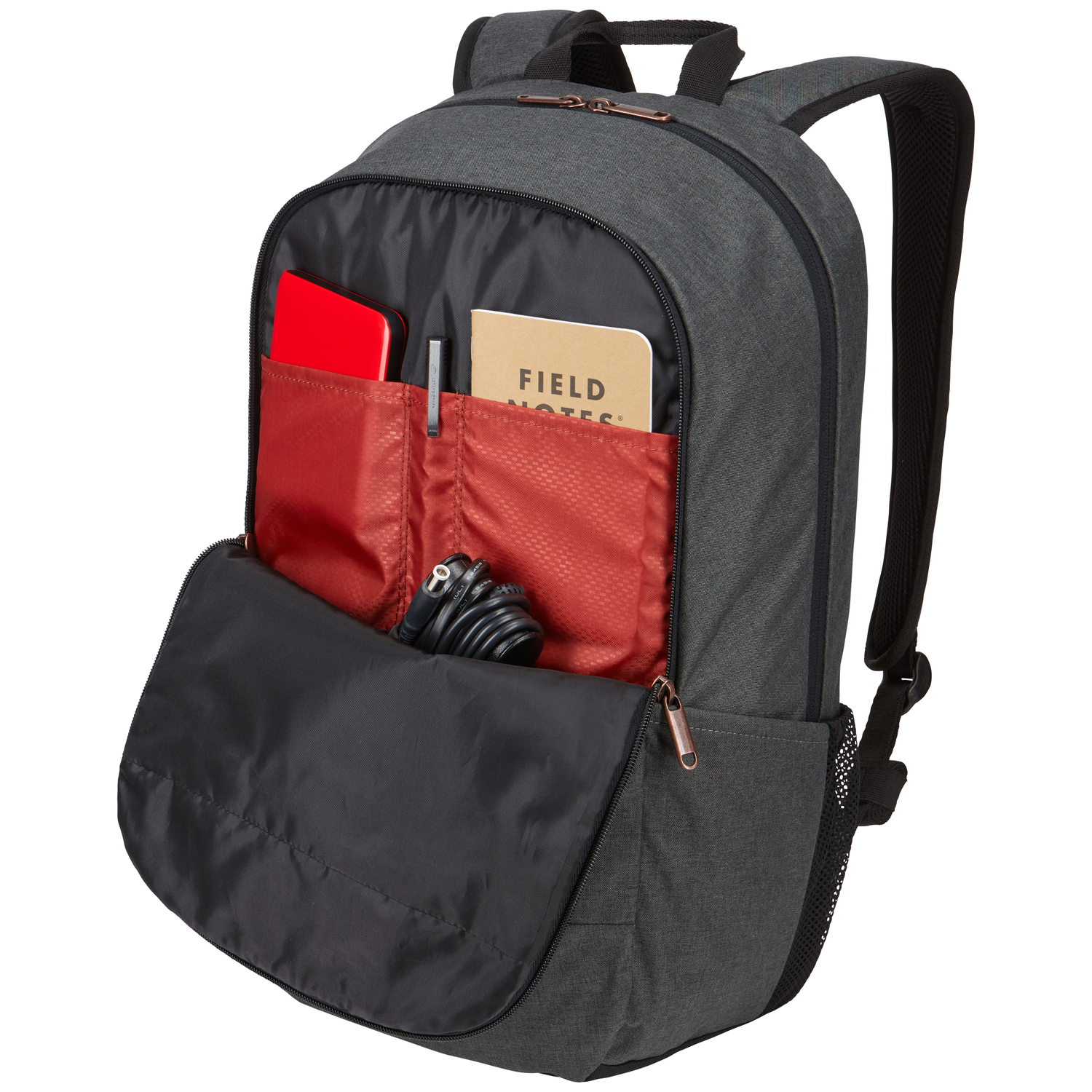 A gray backpack with open pockets. Inside are a red notebook, a pen, a brown notebook, and a black cable.