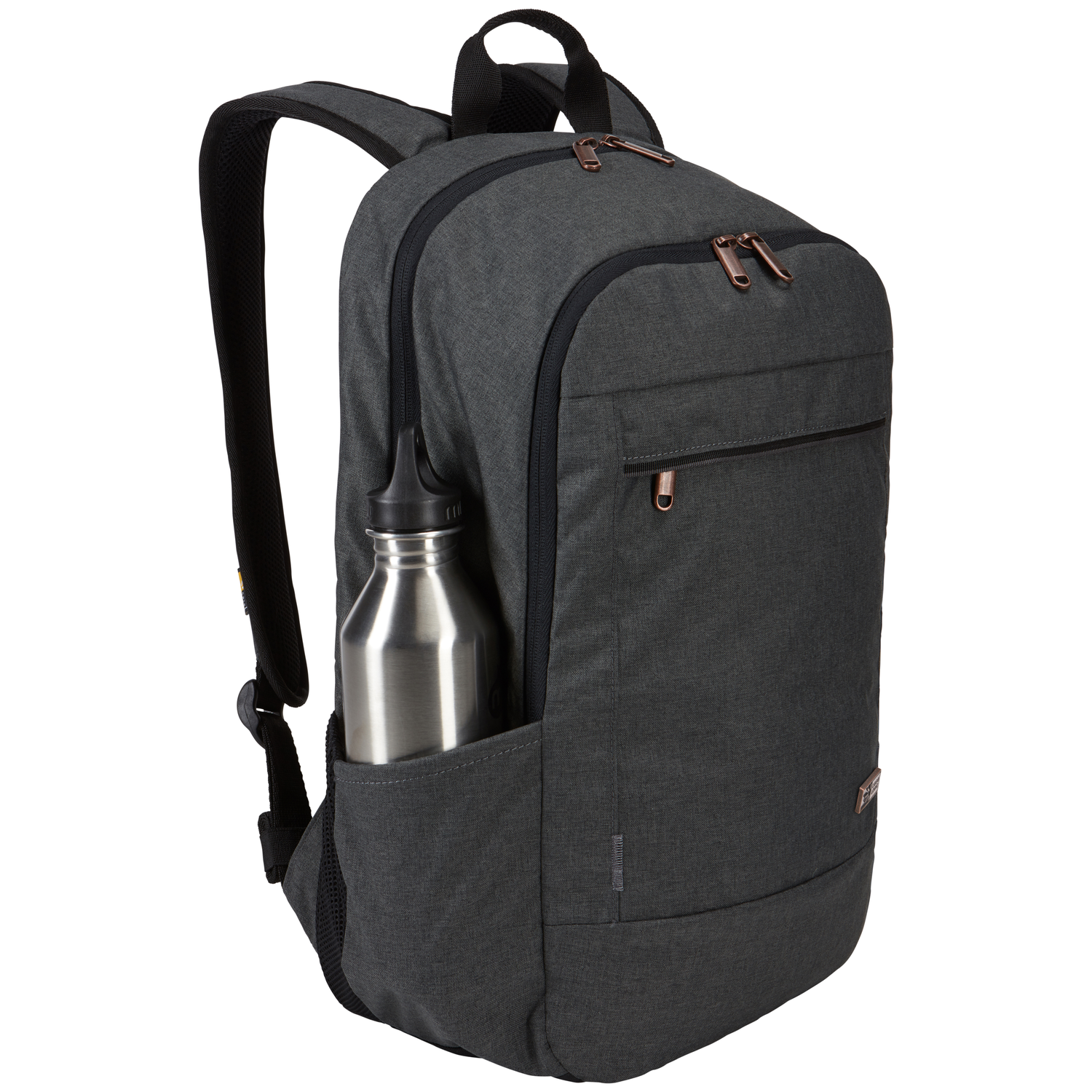 A gray backpack with a water bottle in the side pocket. The backpack has black straps and bronze zippers.