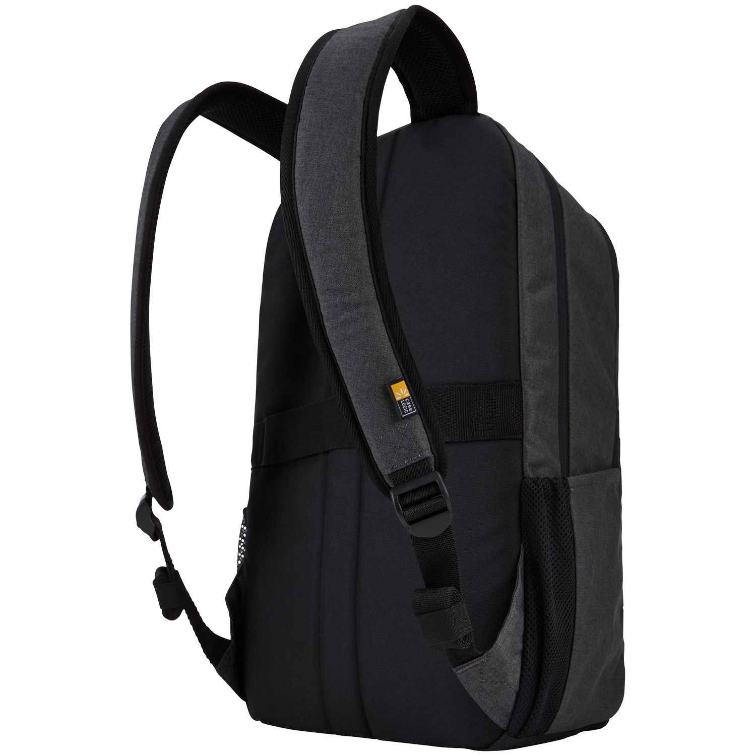 A black backpack with gray straps and a Case Logic logo. The bag has a side mesh pocket and adjustable straps.