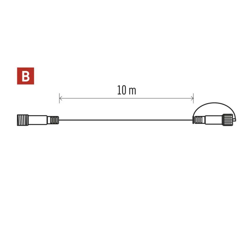 Diagram, amely egy kábelt mutat, mindkét végén csatlakozókkal és a '10 m' szöveggel. Egy piros 'B' a bal felső sarokban.