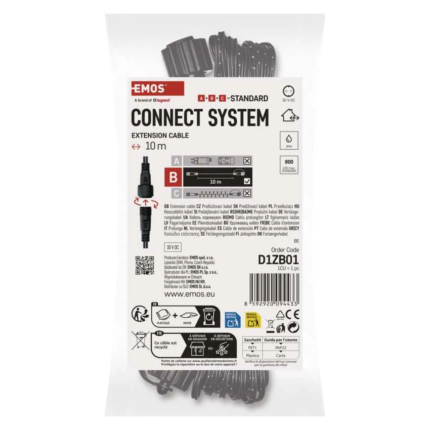 Kábeles csomagolás szöveggel és fekete hosszabbítókábellel. A márka az EMOS. A termék neve CONNECT SYSTEM.