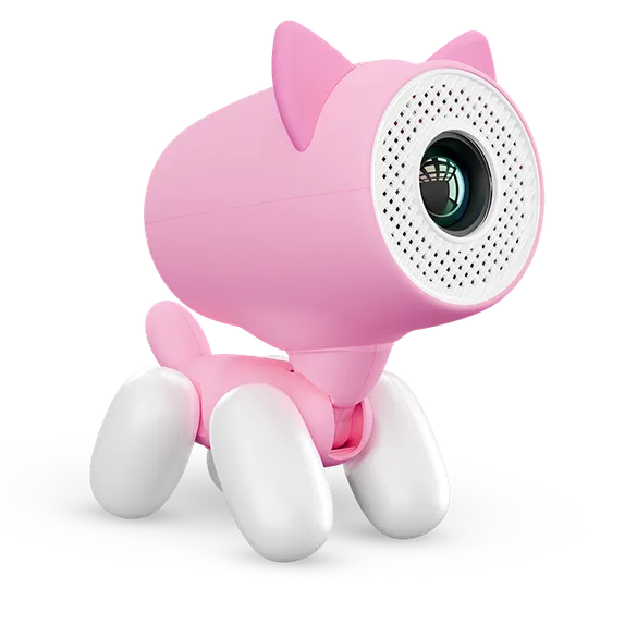 Różowy projektor w kształcie kota, z białymi nogami. Ma obiektyw i detale w kształcie uszu.