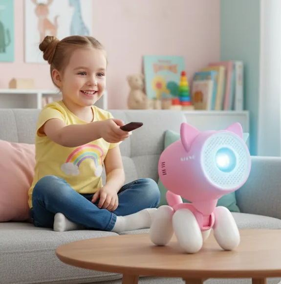Dziewczynka uśmiecha się trzymając pilota. Różowy projektor w kształcie kota stoi na stole. Dziewczynka siedzi przed sofą.