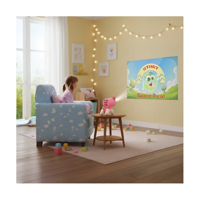 Dziewczynka siedzi na niebieskim fotelu, oglądając projekcję na ścianie. Różowy projektor stoi na stole. Pokój ma lampki choinkowe.