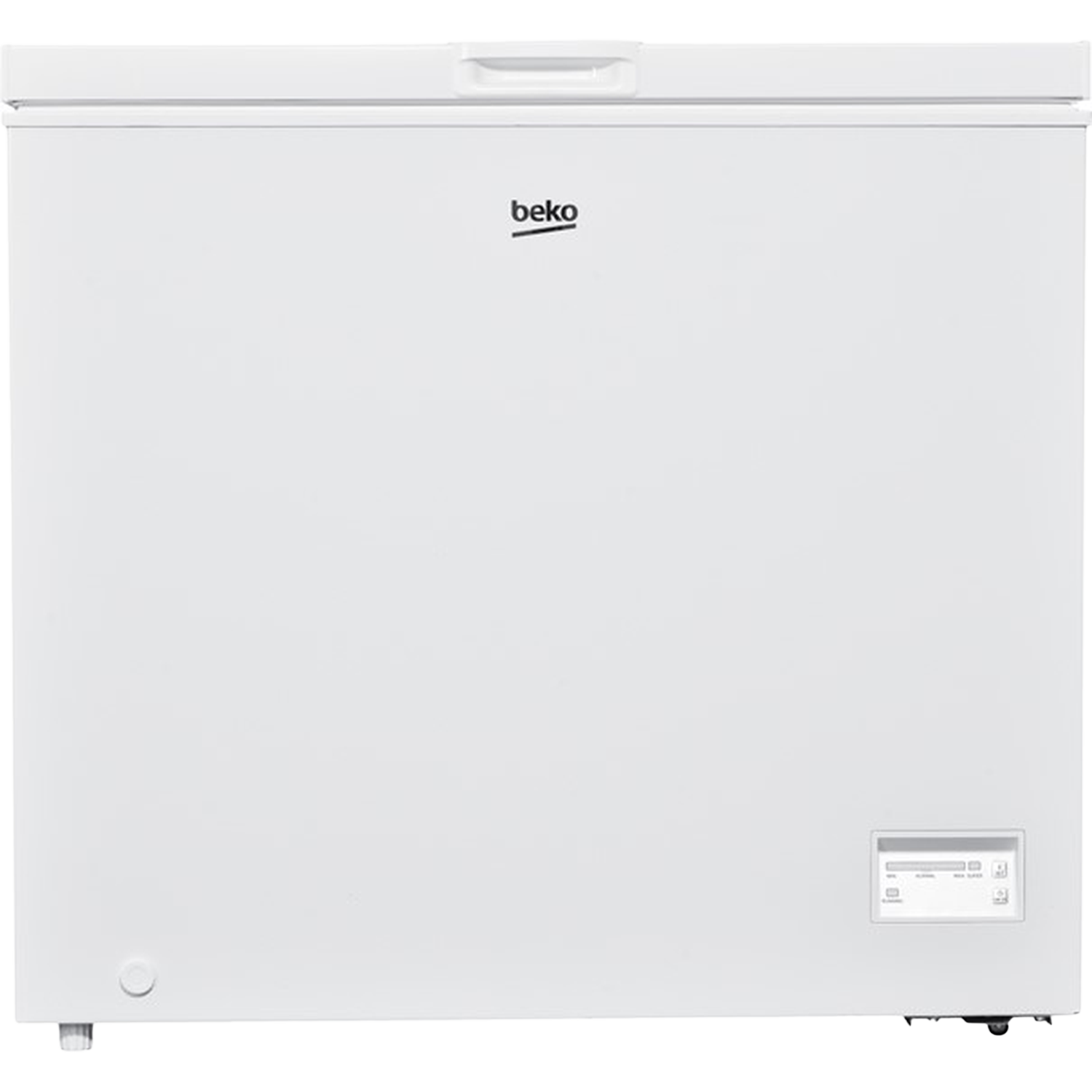 Een witte Beko vrieskist. Het heeft een handgreep, een logo en een bedieningspaneel. Het staat op een witte achtergrond.