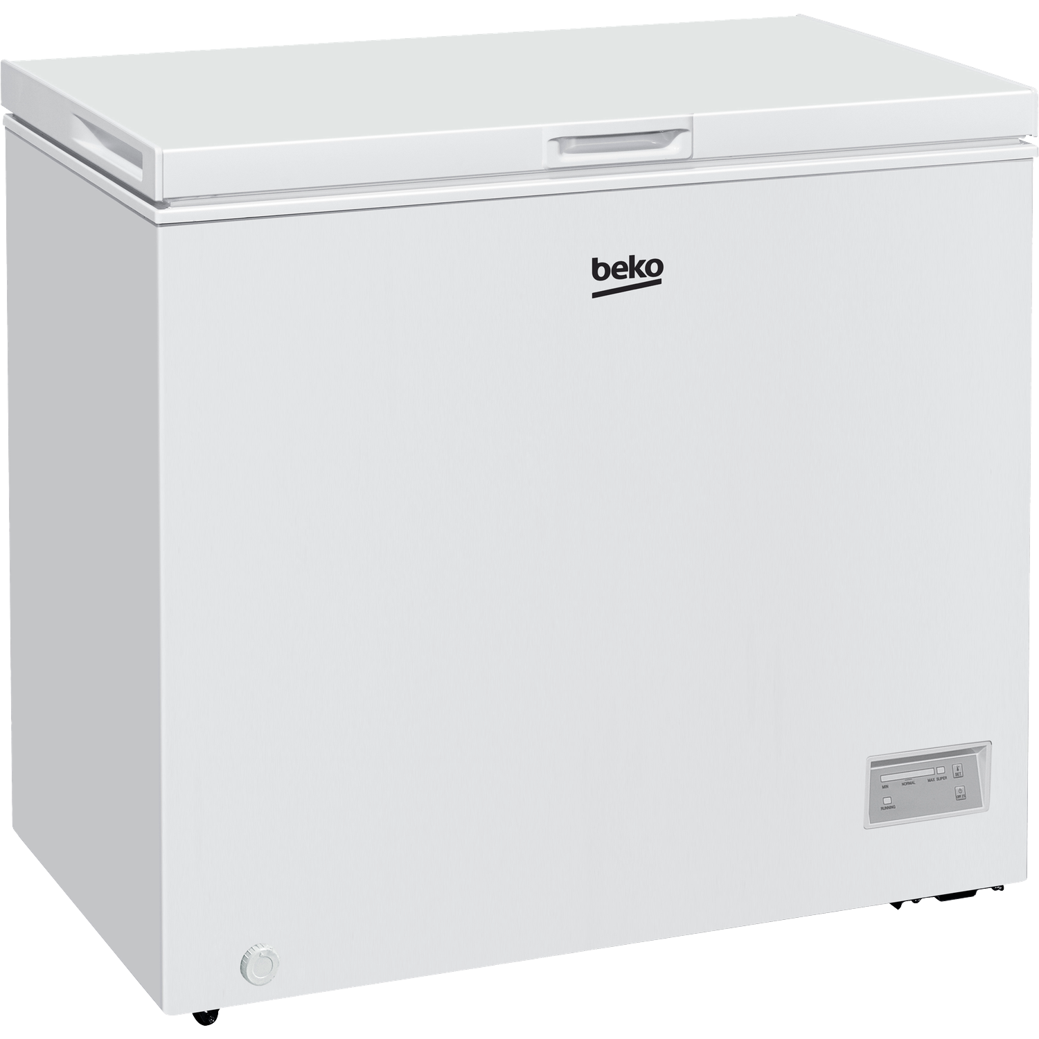 Een witte Beko vrieskist. Hij heeft een deksel, een handvat en een bedieningspaneel. Het Beko logo is zichtbaar. De vriezer staat op een witte achtergrond.