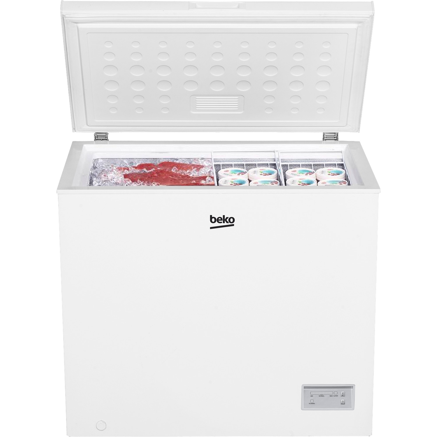 Open witte Beko vriezer met eten erin. Deksel is open en toont secties met rood vlees en verpakte items.