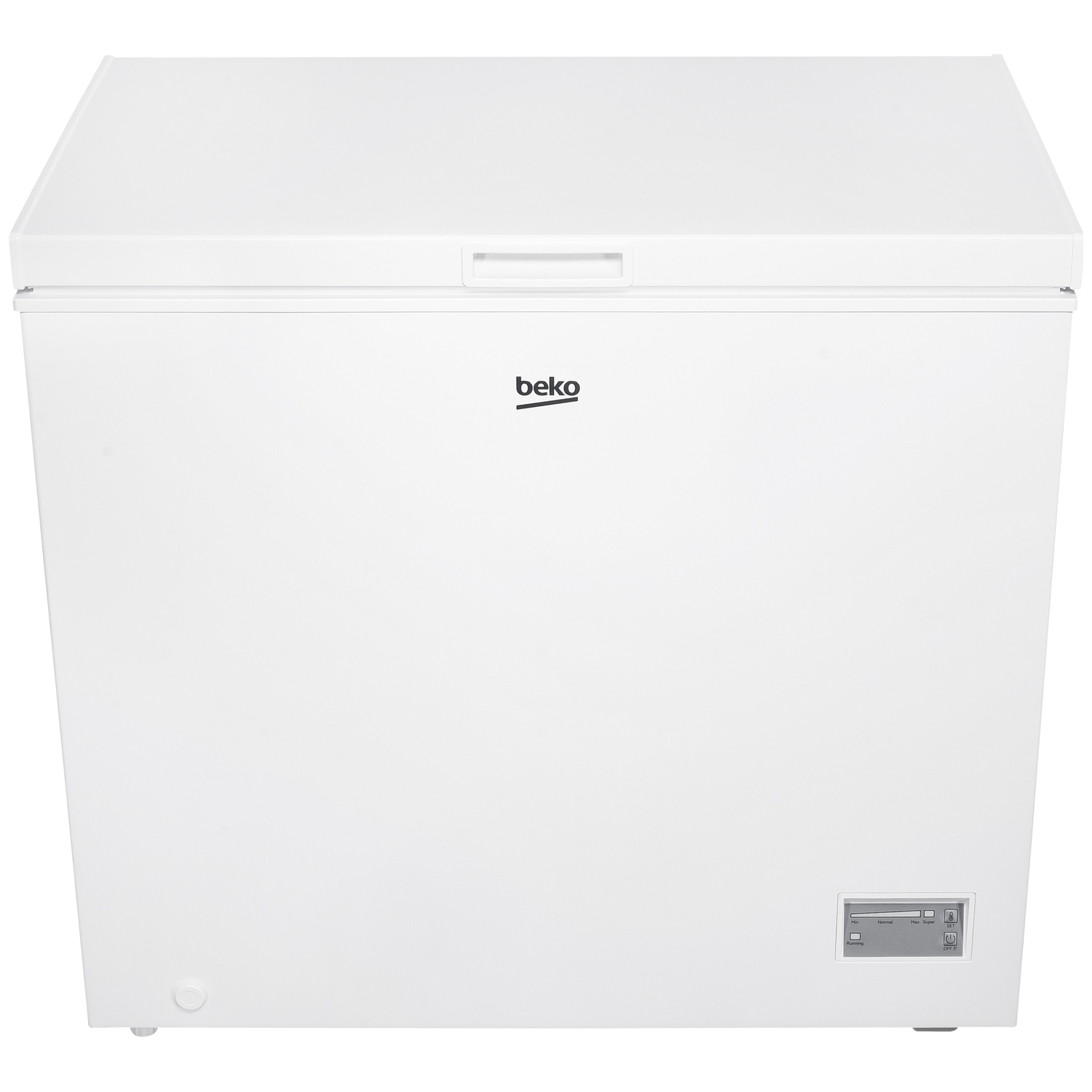 Een witte Beko vrieskist. Het heeft een handgreep, een bedieningspaneel en het Beko-logo. De vriezer staat op een witte achtergrond.
