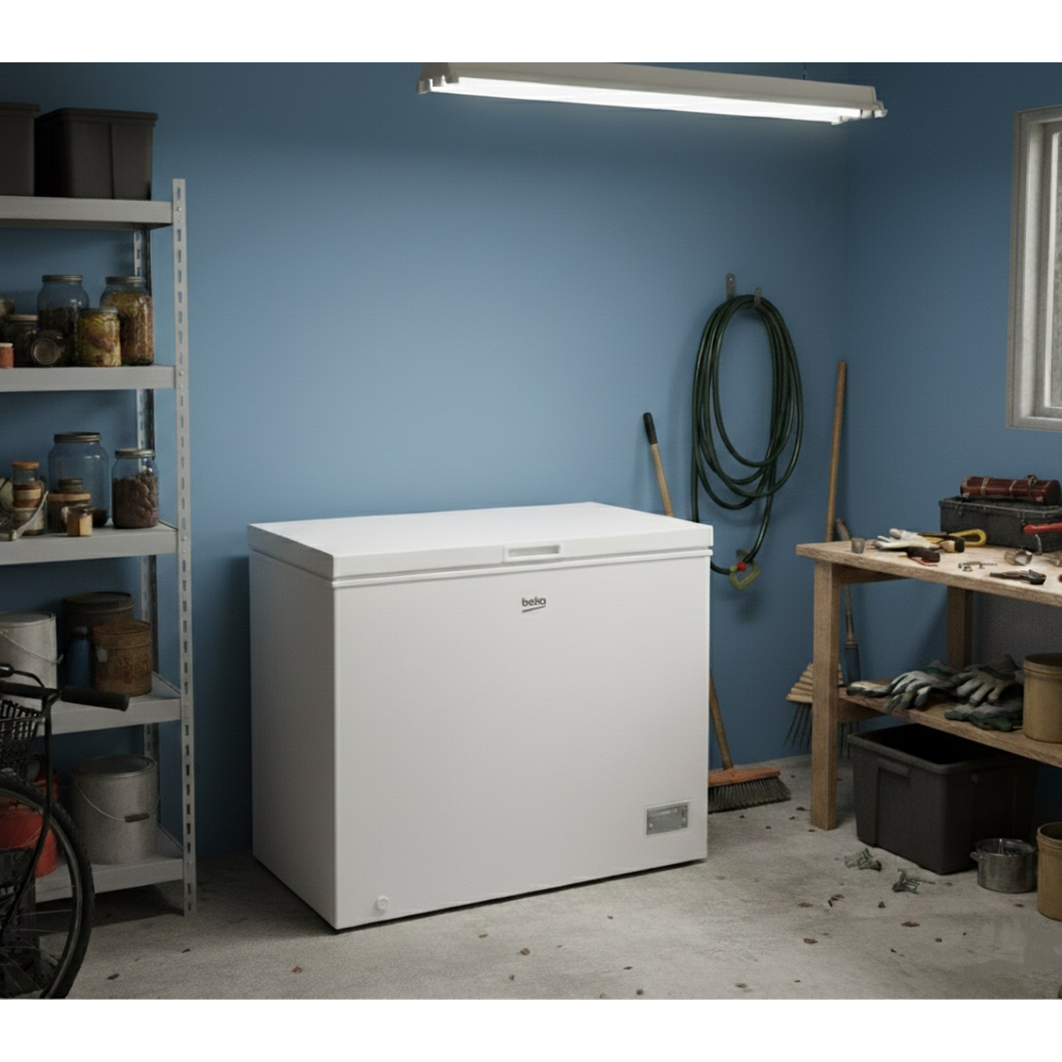 Een witte vrieskist in een garage. Schappen met potten links, een werkbank met gereedschap rechts en blauwe muur.