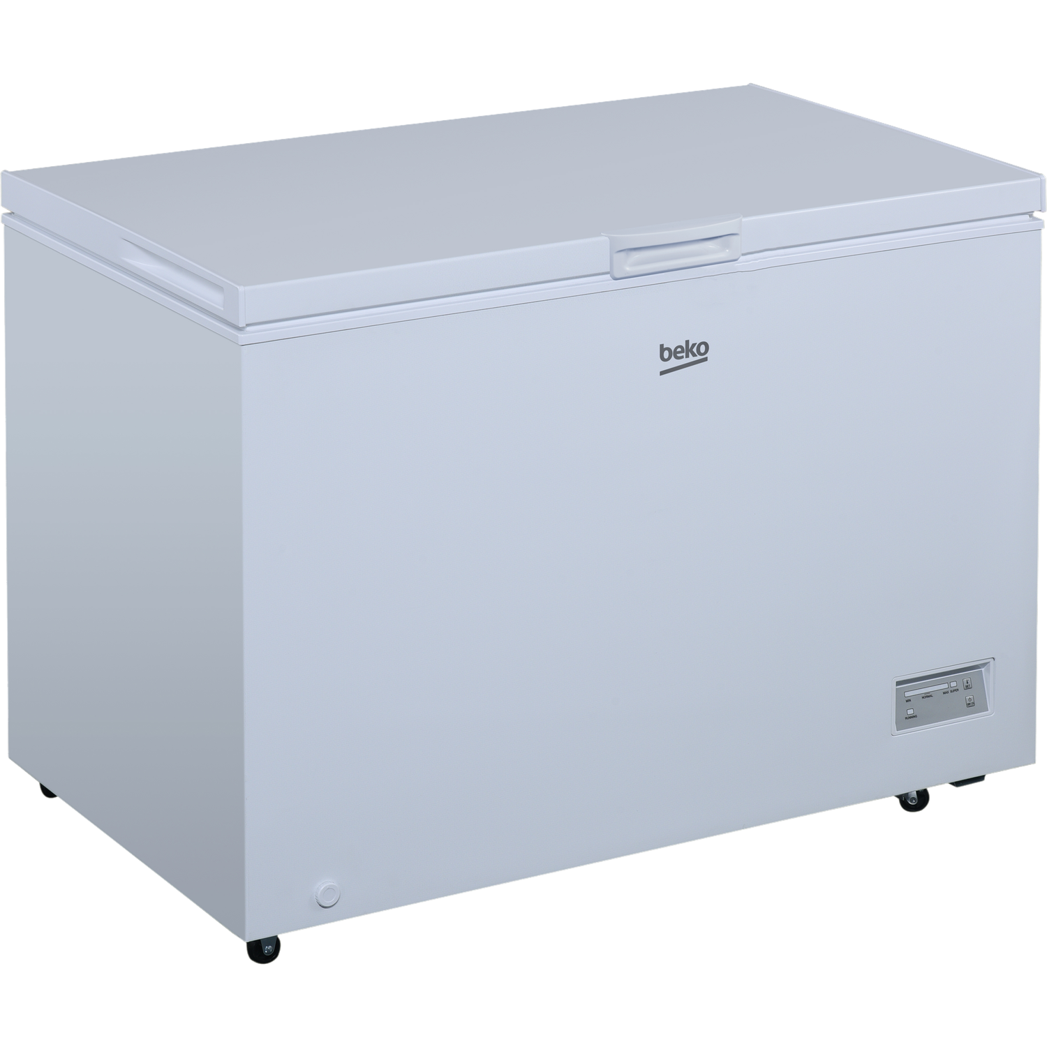 Een witte Beko vrieskist. Het heeft een deksel met een handvat, het Beko-logo en bedieningsknoppen. Het staat op wielen.