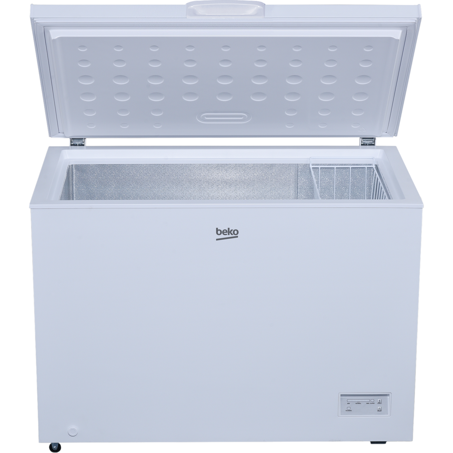 Open witte Beko vrieskist. Deksel staat omhoog, onthult de binnenkant en een draadmand. Bedieningspaneel rechtsonder.