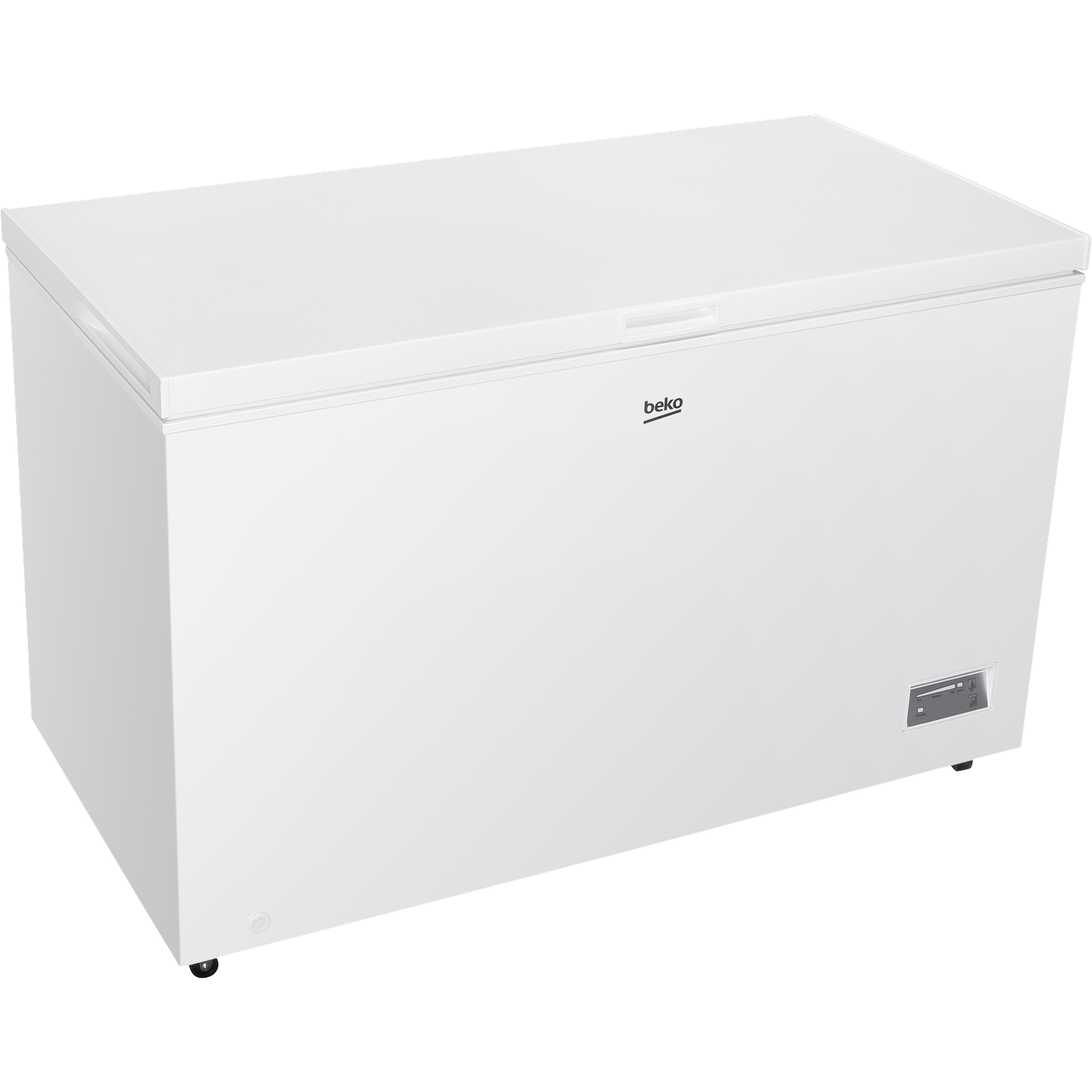 A white Beko chest freezer. It has a flat lid, a control panel on the side, and the Beko logo. It is on a white background.