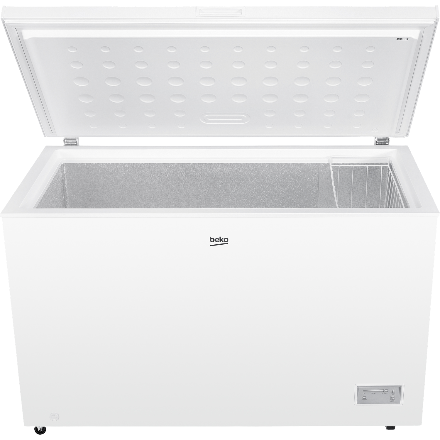 A white Beko chest freezer with an open lid. The interior is visible, along with a wire basket. The freezer is on a white background.