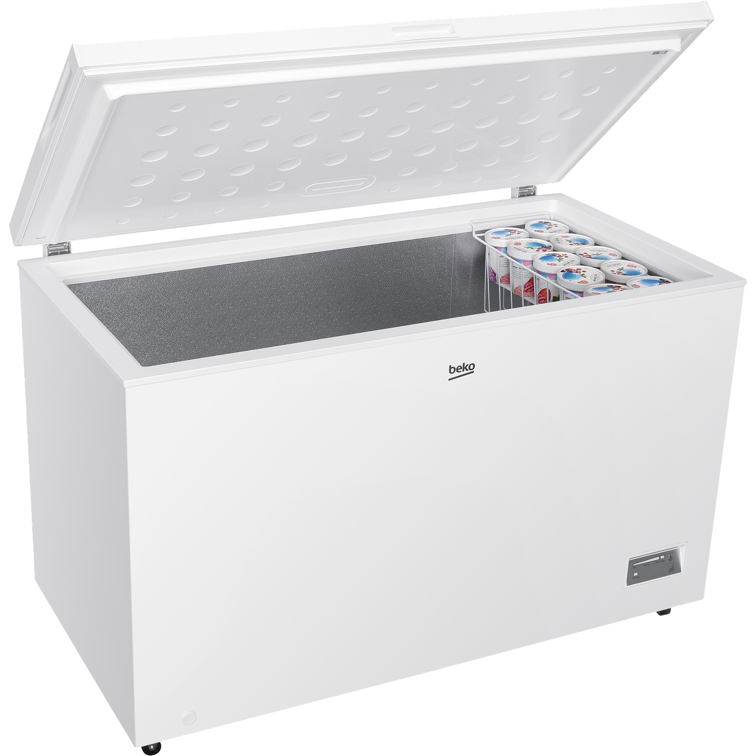 A white Beko chest freezer, lid open, revealing the interior. A basket holds yogurt cups. The freezer is on a white background.