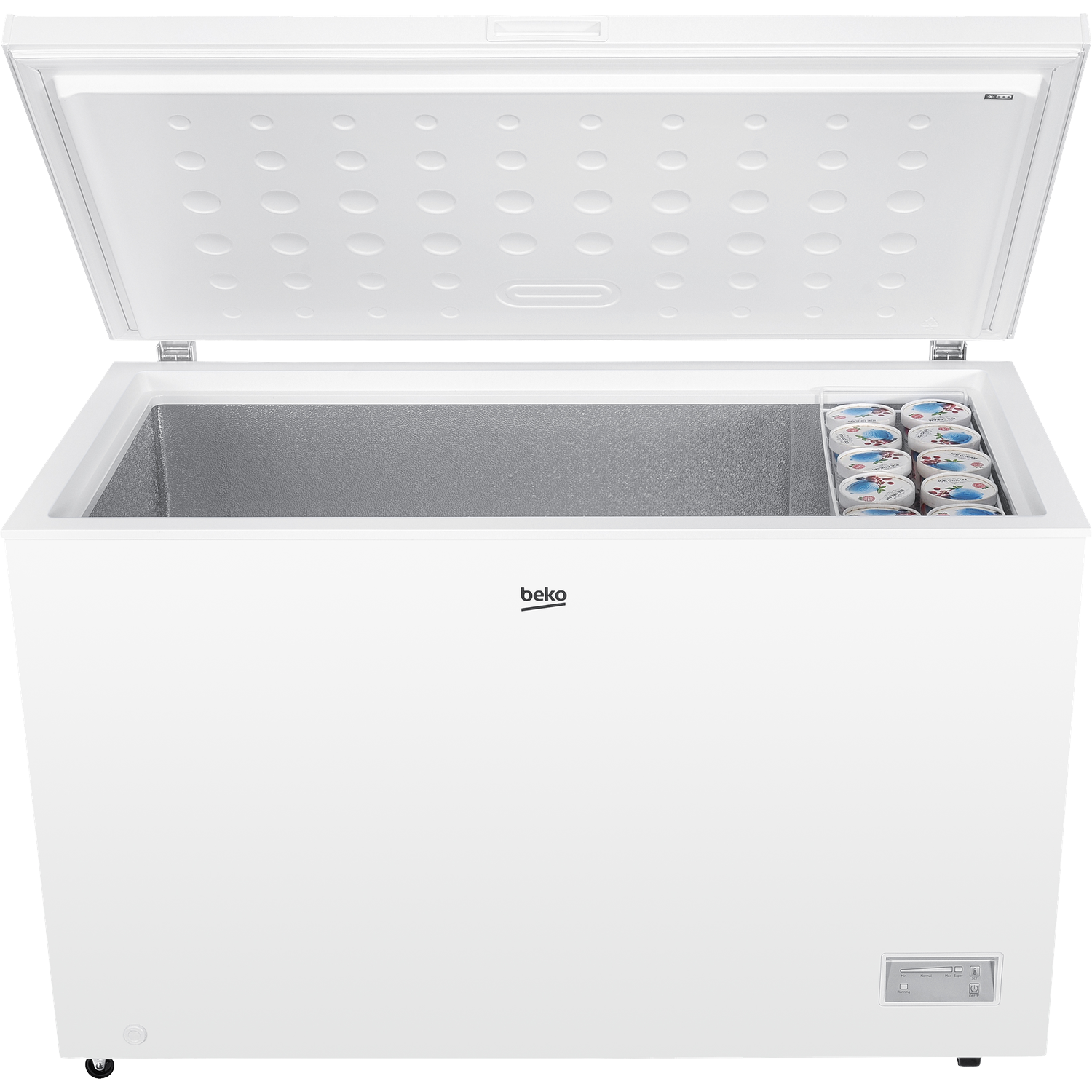 A white Beko chest freezer, lid open, revealing the interior. Ice cream tubs are inside. The freezer is on a white surface.