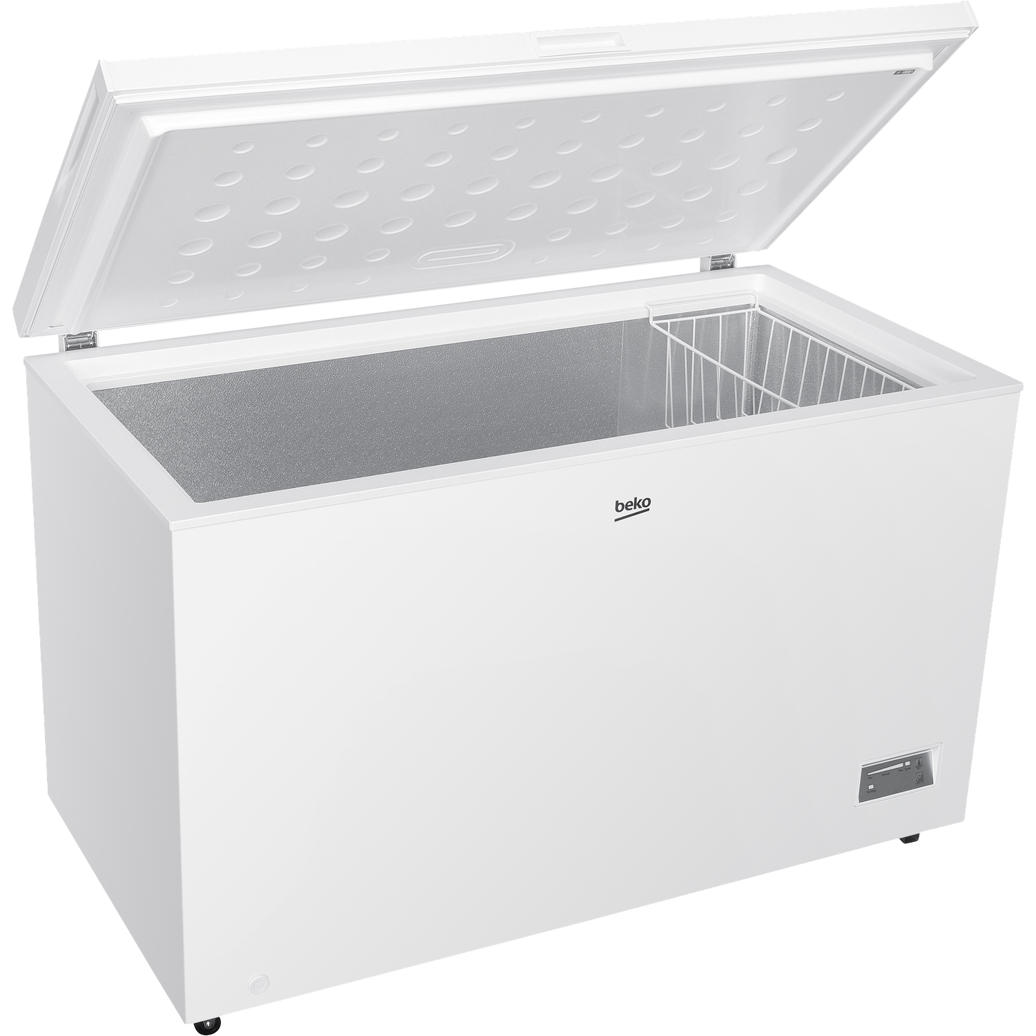 A white Beko chest freezer with its lid open. The interior is visible, and it has a wire basket. The logo is on the front.