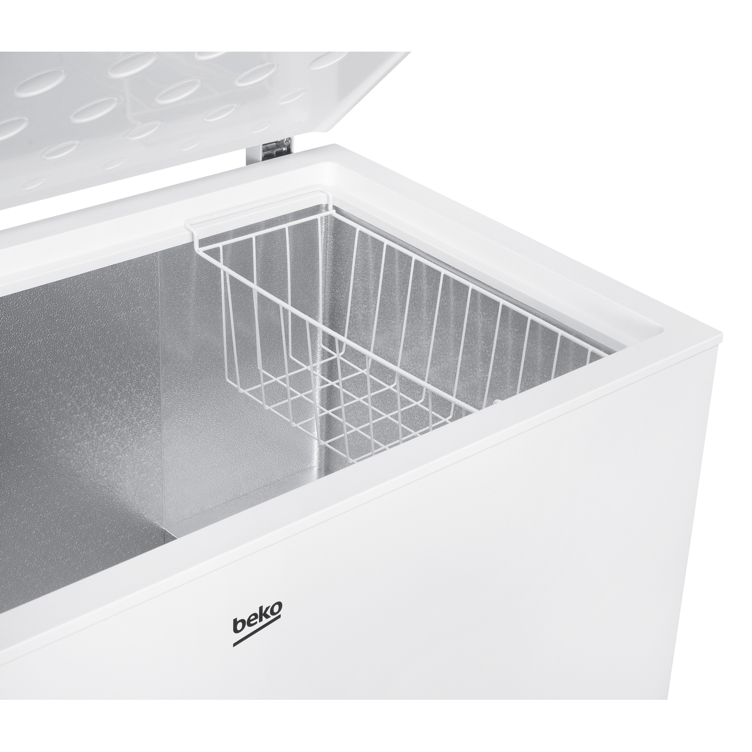 A white Beko chest freezer with the lid open. A wire basket is inside, and the interior is silver. The lid has oval indentations.