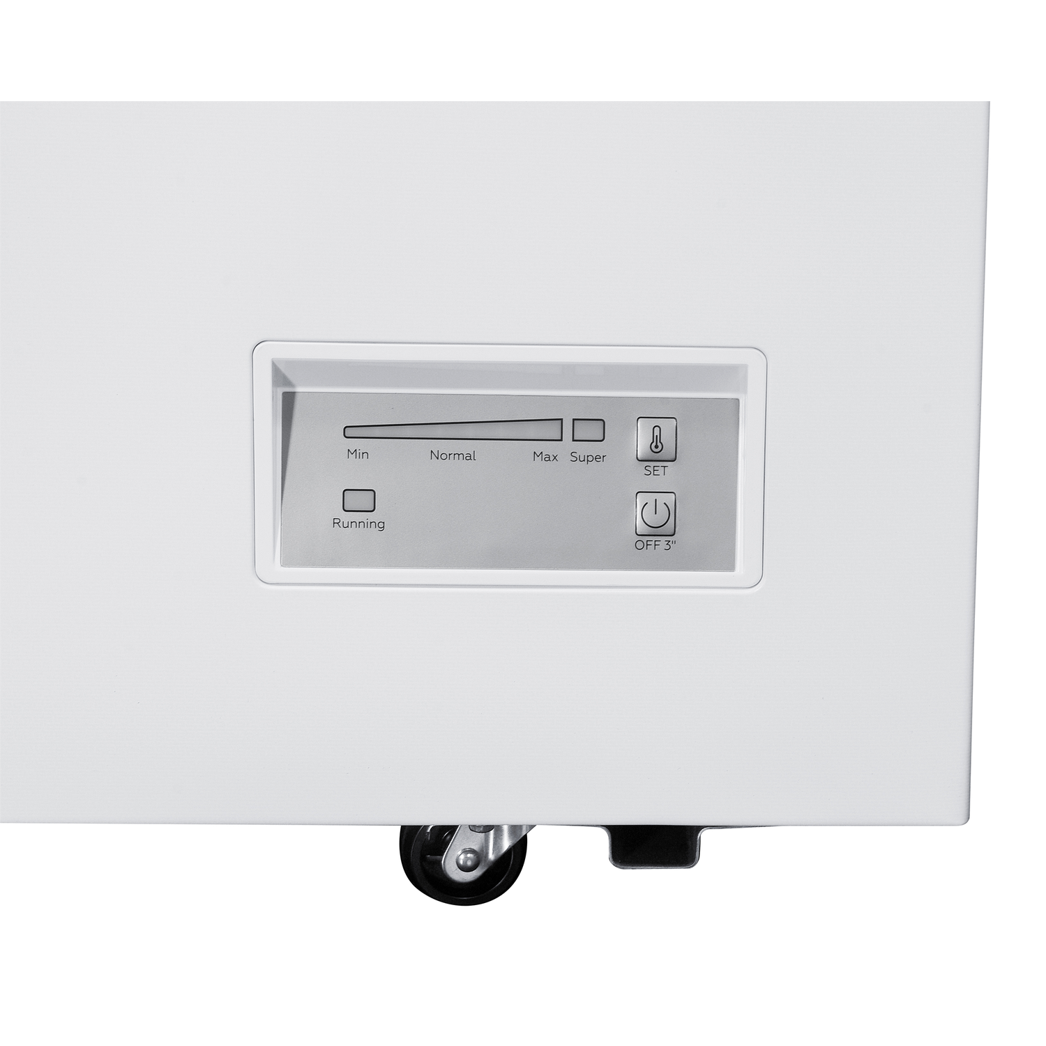 White chest freezer with control panel. Panel has settings: Min, Normal, Max, Super, and power button. A wheel is visible.