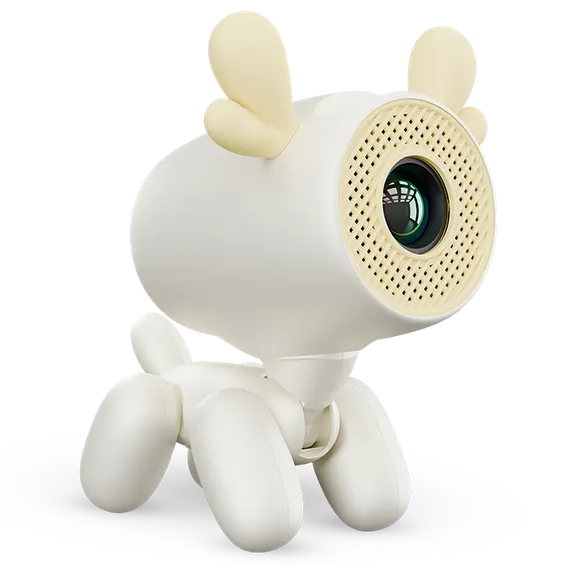 Biały projektor w kształcie zwierzęcia z kreskówki, z żółtymi uszopodobnymi strukturami i nogami. Widoczny obiektyw.