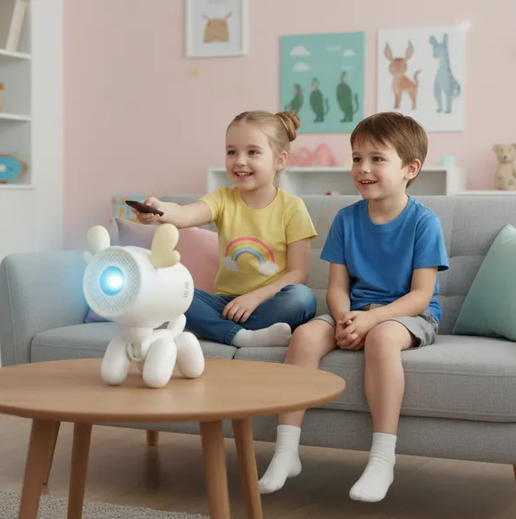 Dwoje dzieci siedzi na sofie. Jedno trzyma pilota. Projektor w kształcie jelenia stoi na stole.