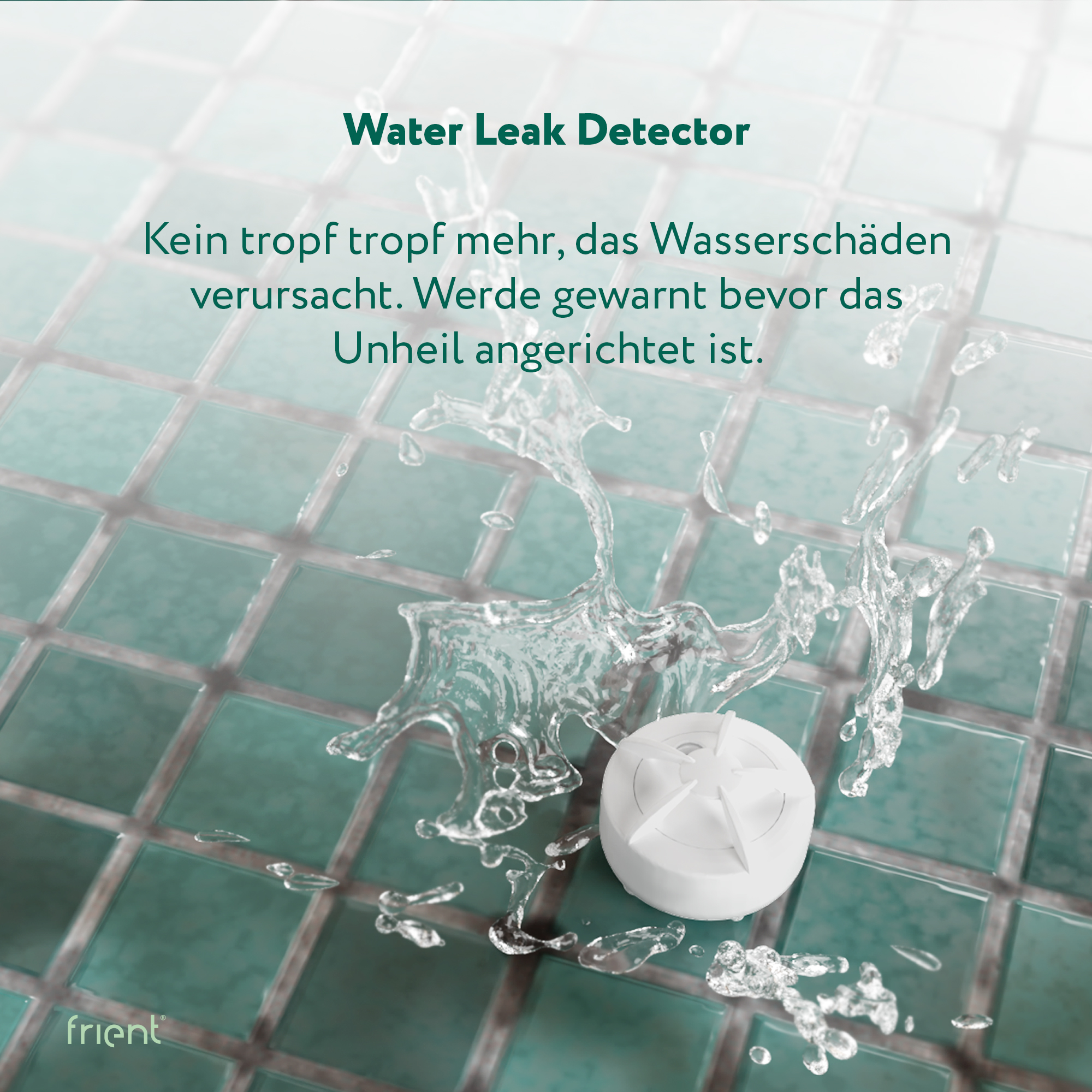Ein weißer Wasserleckdetektor mit Wasserspritzern auf türkisblauem Fliesenboden. Text: 'Water Leak Detector'.