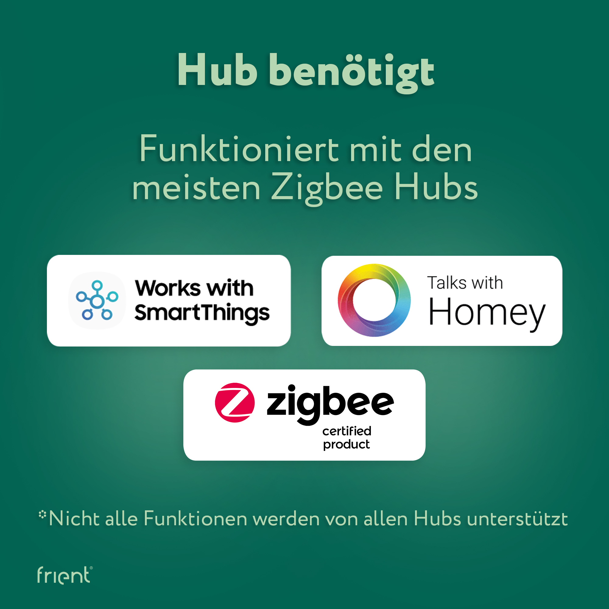 Grüner Hintergrund mit Text und Logos: Works with SmartThings, Talks with Homey und Zigbee zertifiziertes Produkt.