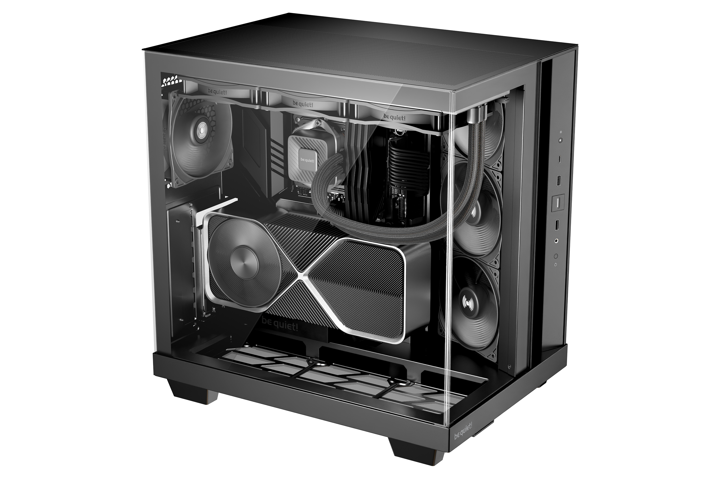 Ein schwarzes PC-Gehäuse mit sichtbaren internen Komponenten. Enthält eine Grafikkarte und Lüfter.