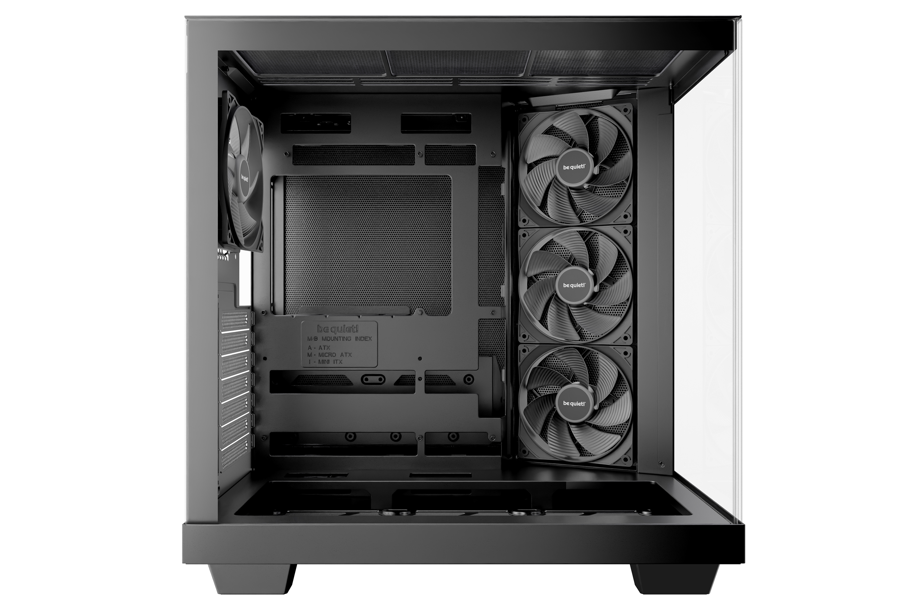 Innenansicht eines schwarzen Computergehäuses. Drei Lüfter befinden sich rechts, das Gehäuse hat Fächer.