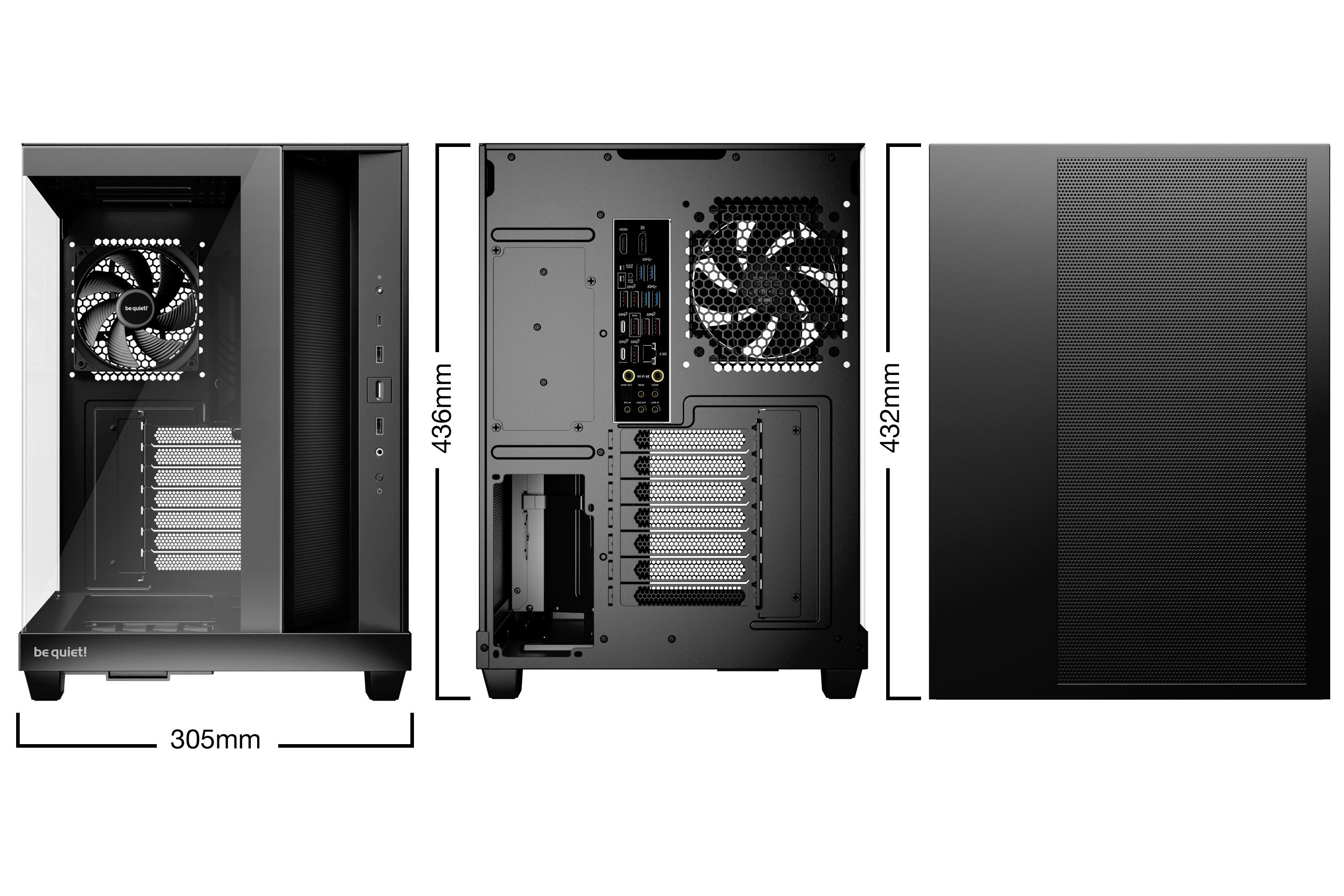 Schwarzes Computergehäuse mit Glasseitenwand, zeigt Innenkomponenten und Abmessungen.